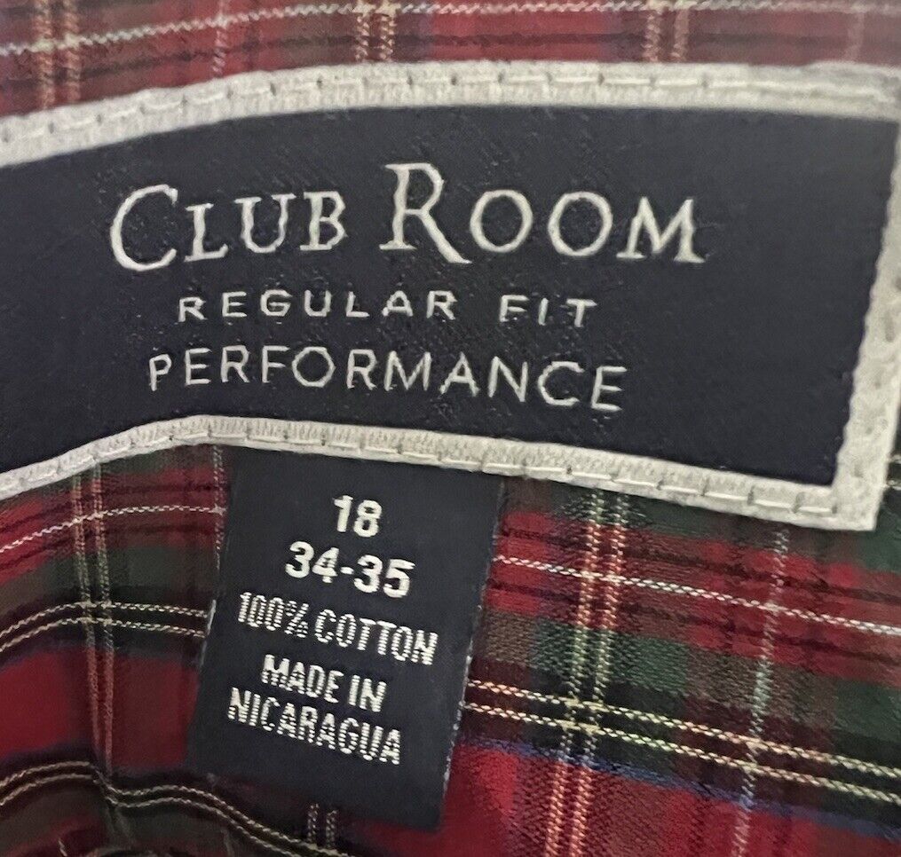 Club Room Men's Button Down Shirt Size 18 34/35 Plaid Long Sleeve Regular Fit