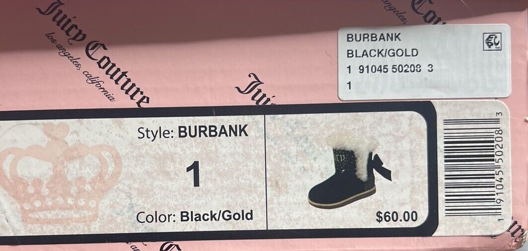 Juicy Couture "Burbank" Cozy Bootie, Black/Gold, Size 1
