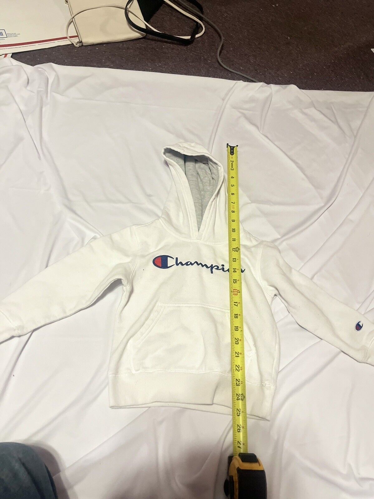 Champion, White Hoodie, Youth Size 5, Authentic Material, High Quality,Rare Find