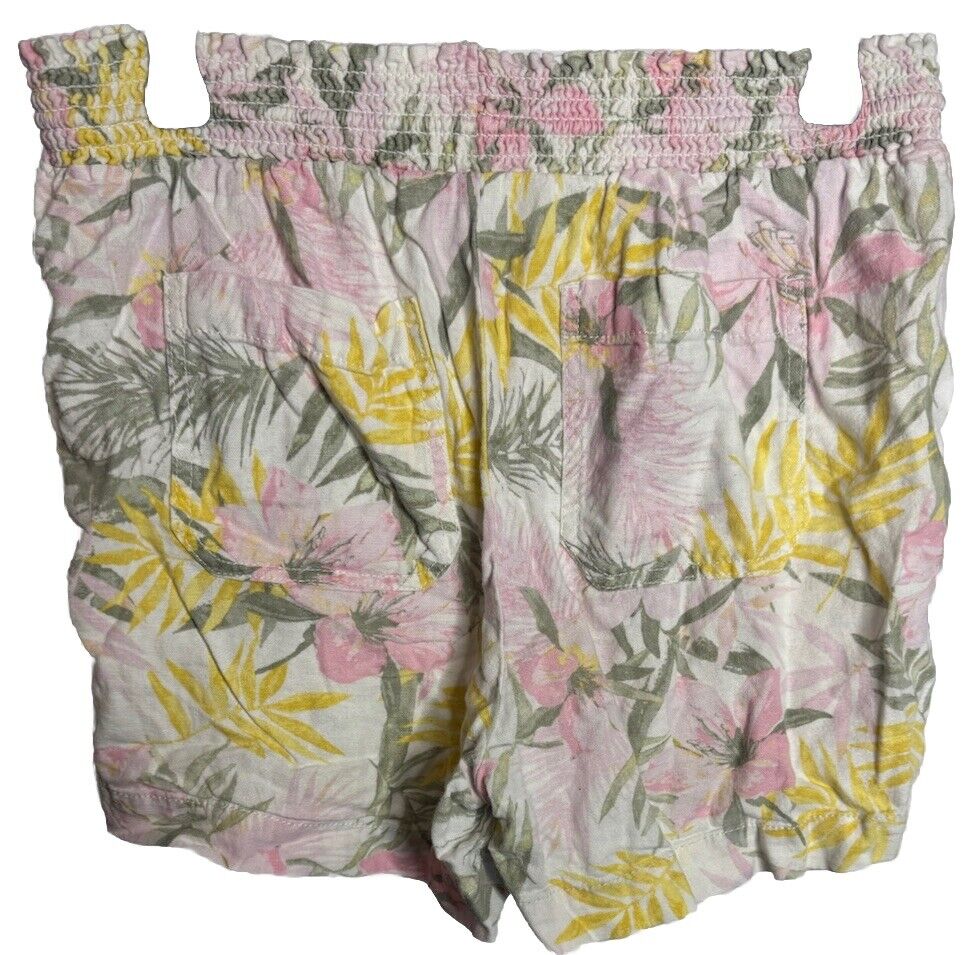 Briggs Shorts Womens Medium White Linen Blend Hawaiian Print Pull On Tassel Tie