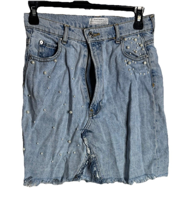 Zara Woman Denim Skirt Women's Size S Blue Frayed Hem Casual