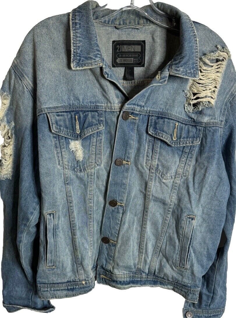 21 Men Denim Jean Button Up Blue Medium Wash Jacket In Size Small