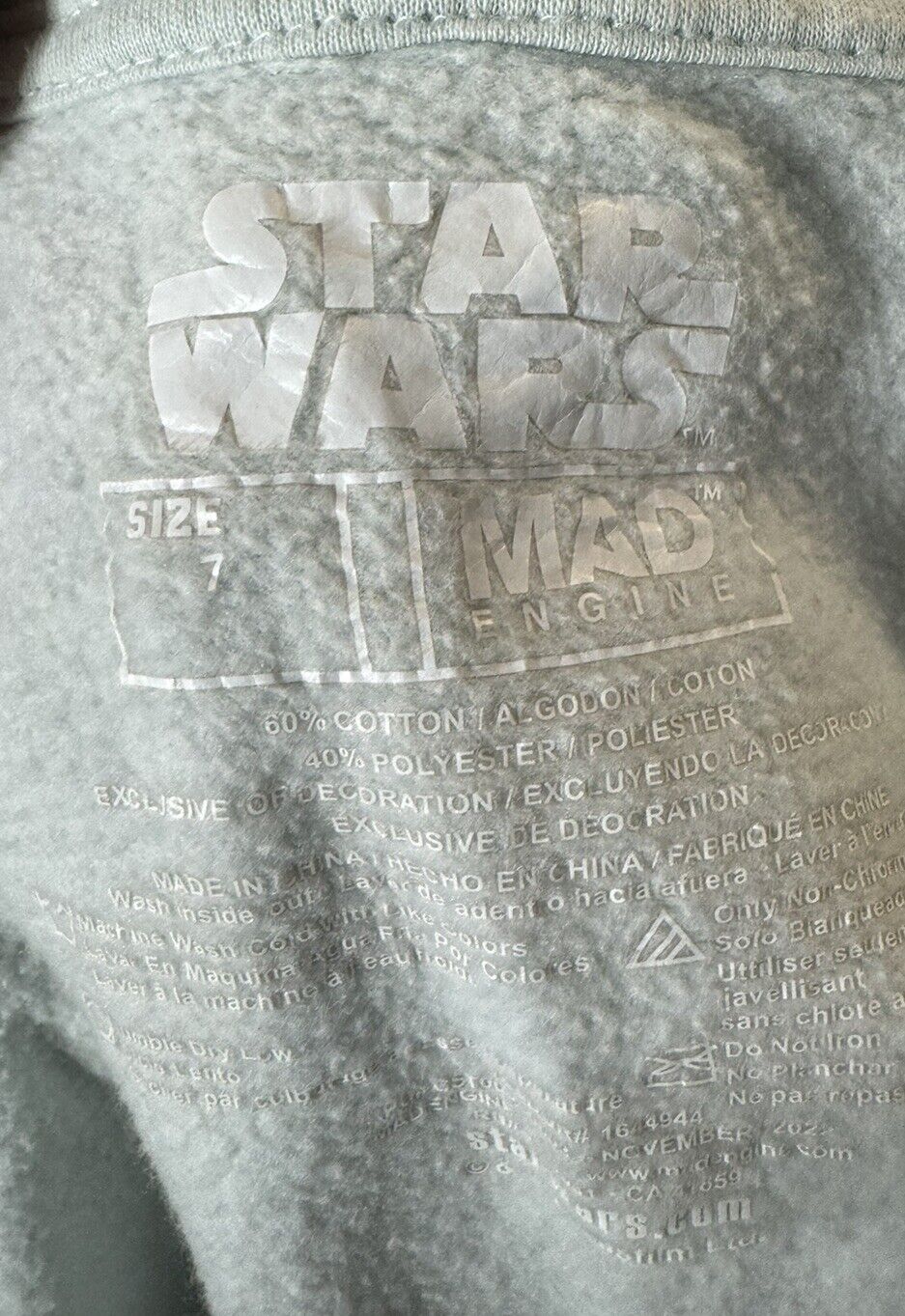 Star Wars Boy's Long Sleeve " Hooded Zip Up Sweatshirt Size 7