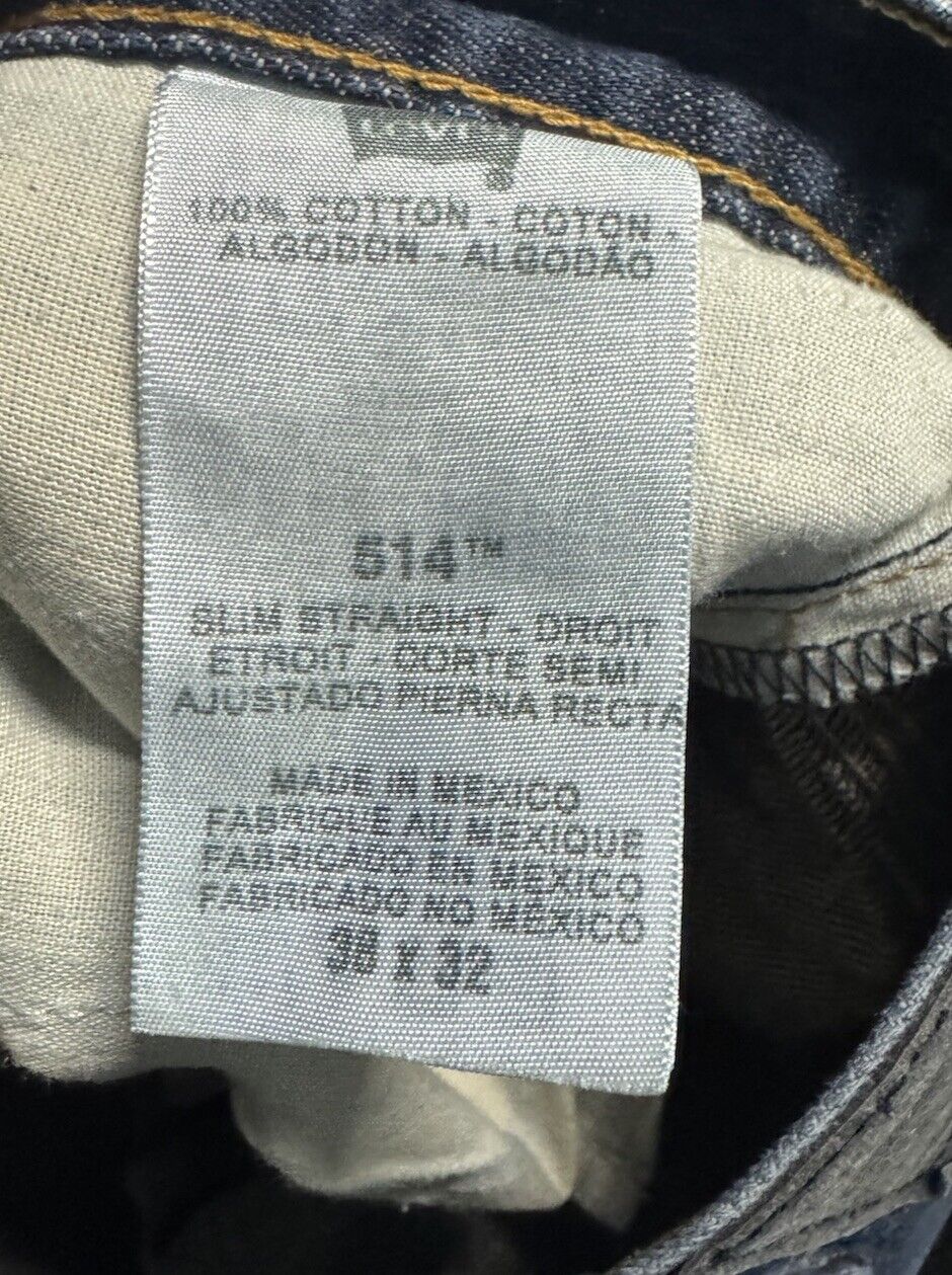 Levis 514 Jeans Mens Blue Straight Fit Denim Zip Fly 38x32 *