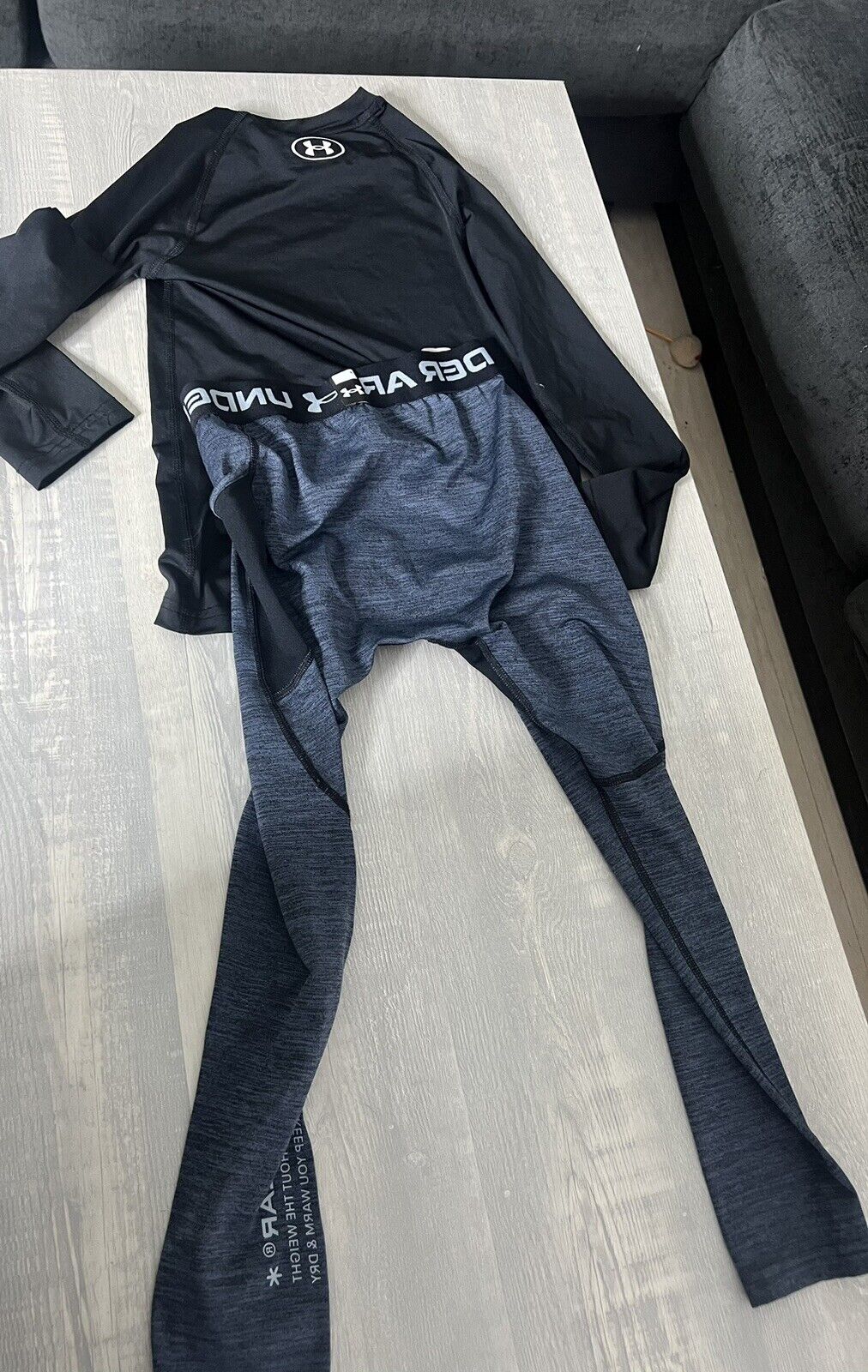Under Armour Boys Size YSM navy Compression Pants And YSM Black Shirt