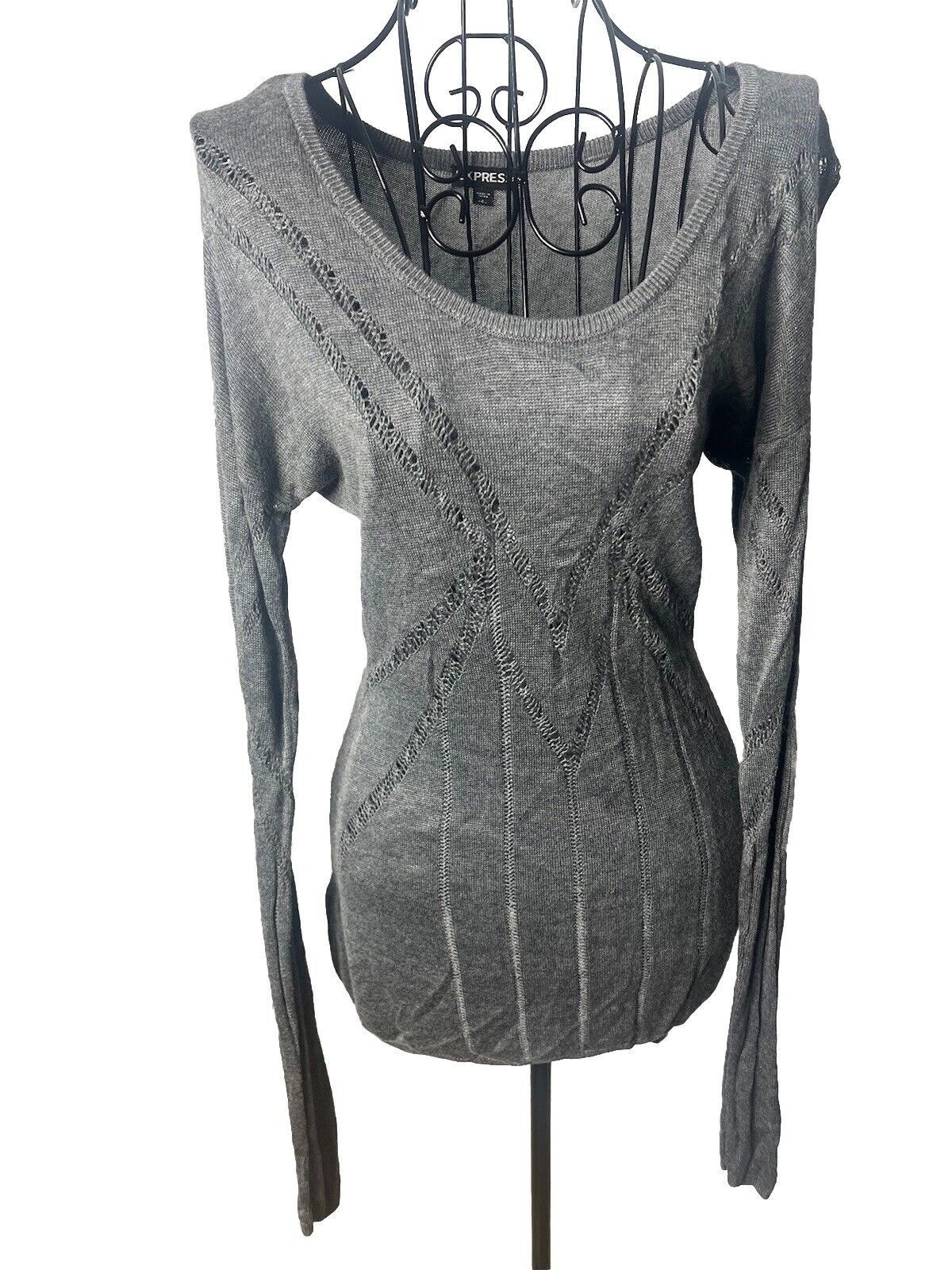 Woman's Express Gray Long Sleeve Top Sheer Sleeves sz S/P