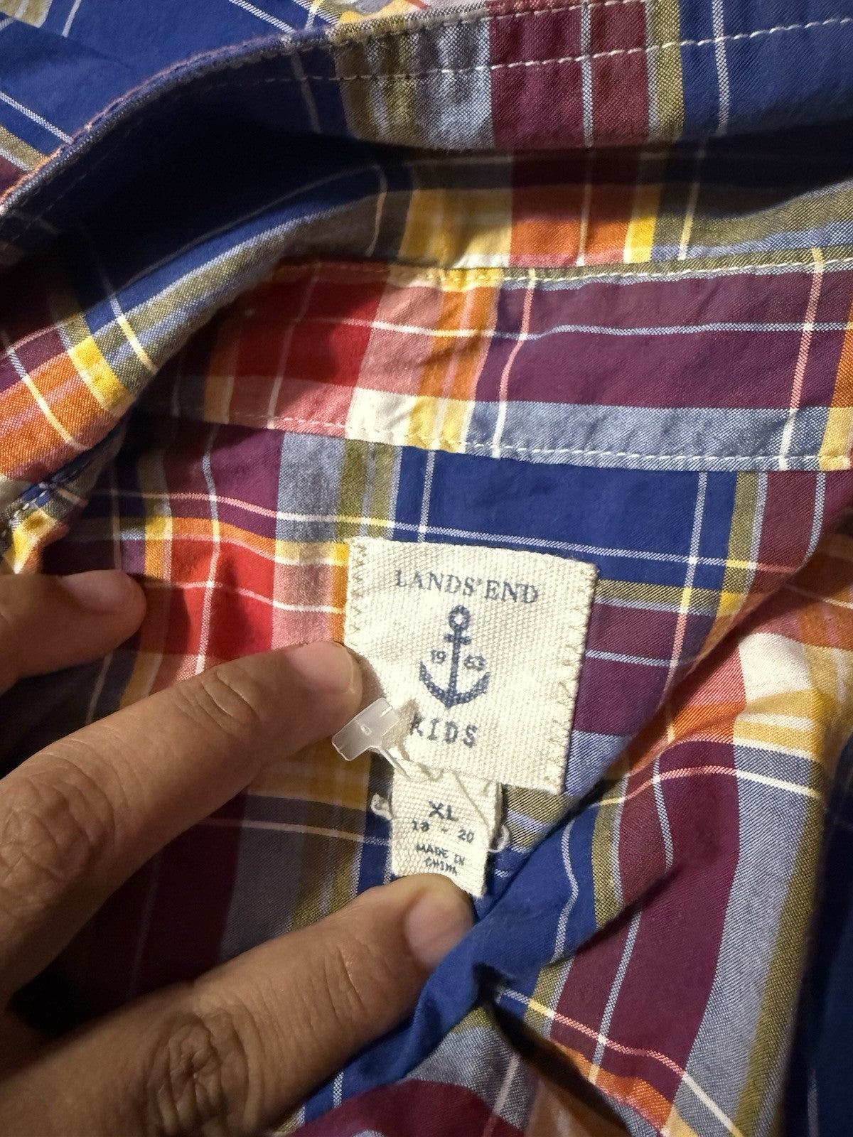 Lands End Plaid Button Up Shirt Boys Size XL 18/20 Long Sleeve Blue Flannel