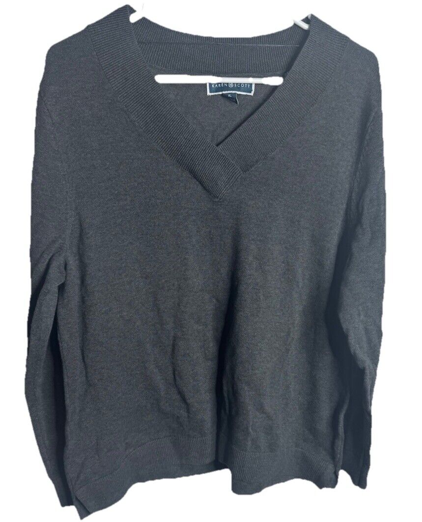 Karen Scott Sport Womens Size XL V Neck Casual Top Navy Long Sleeve Shirt