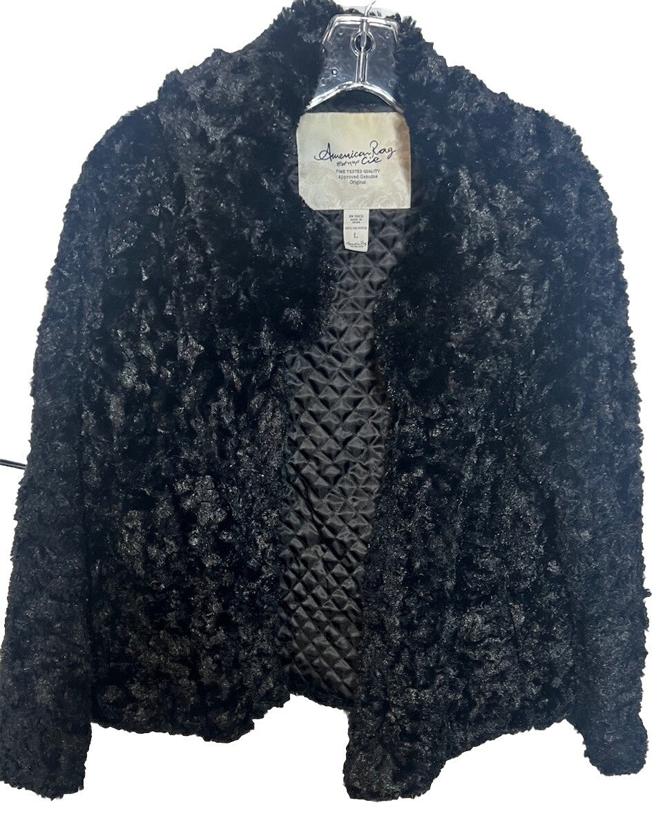 Teddy Bear Black Fleece Faux Fur Jacket Coat Quilt Lining Sz Large American Rag