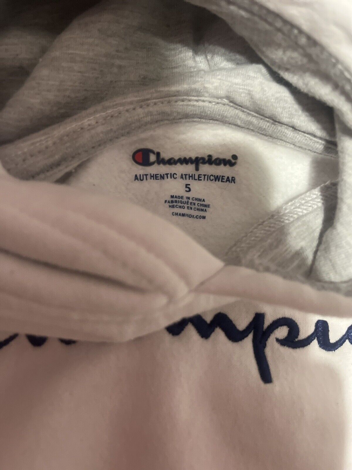 Champion, White Hoodie, Youth Size 5, Authentic Material, High Quality,Rare Find