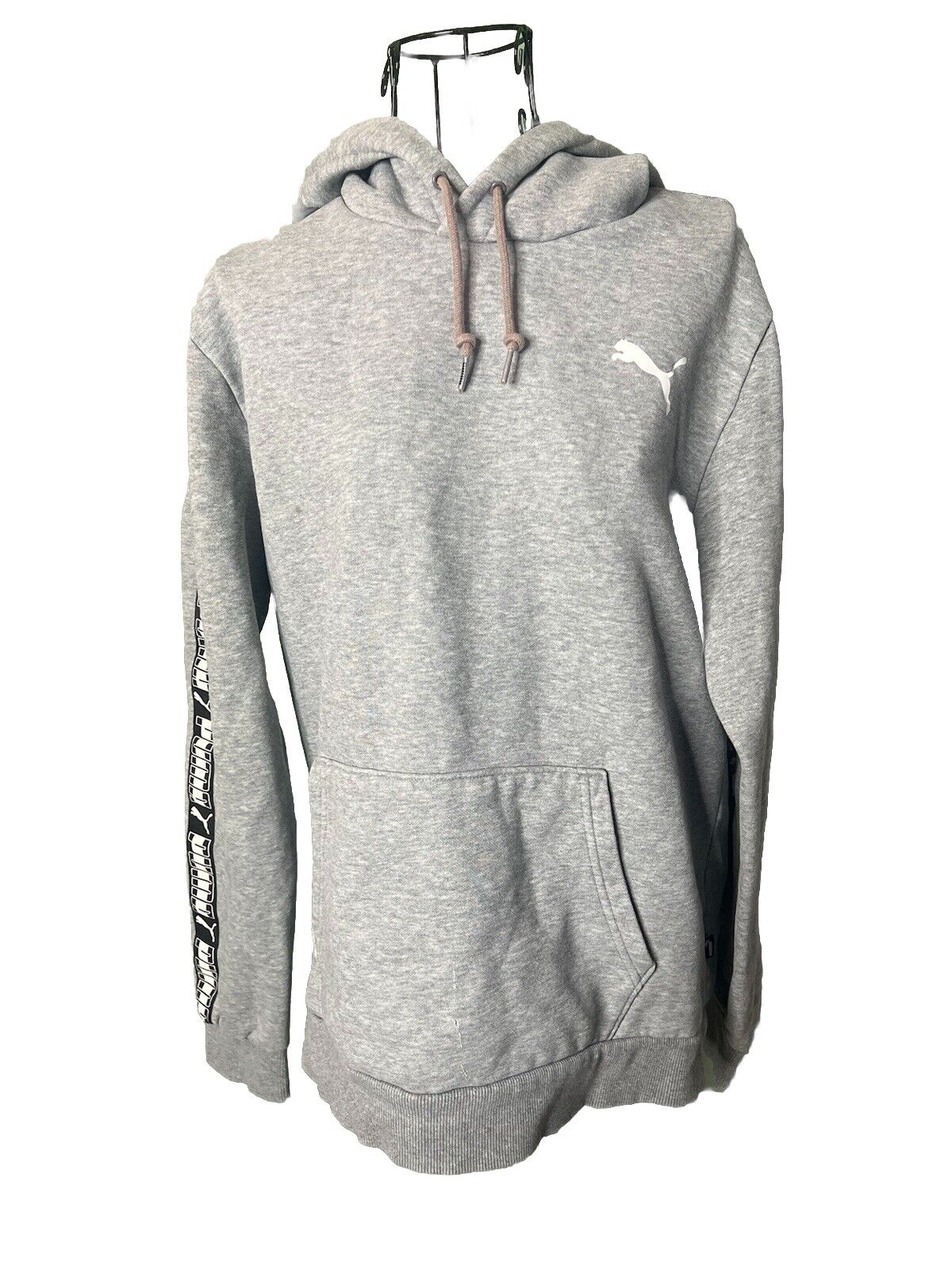 Puma Sweater Men's Medium Gray Black Pullover Hoodie Sweatshirt Big Logo Stretch