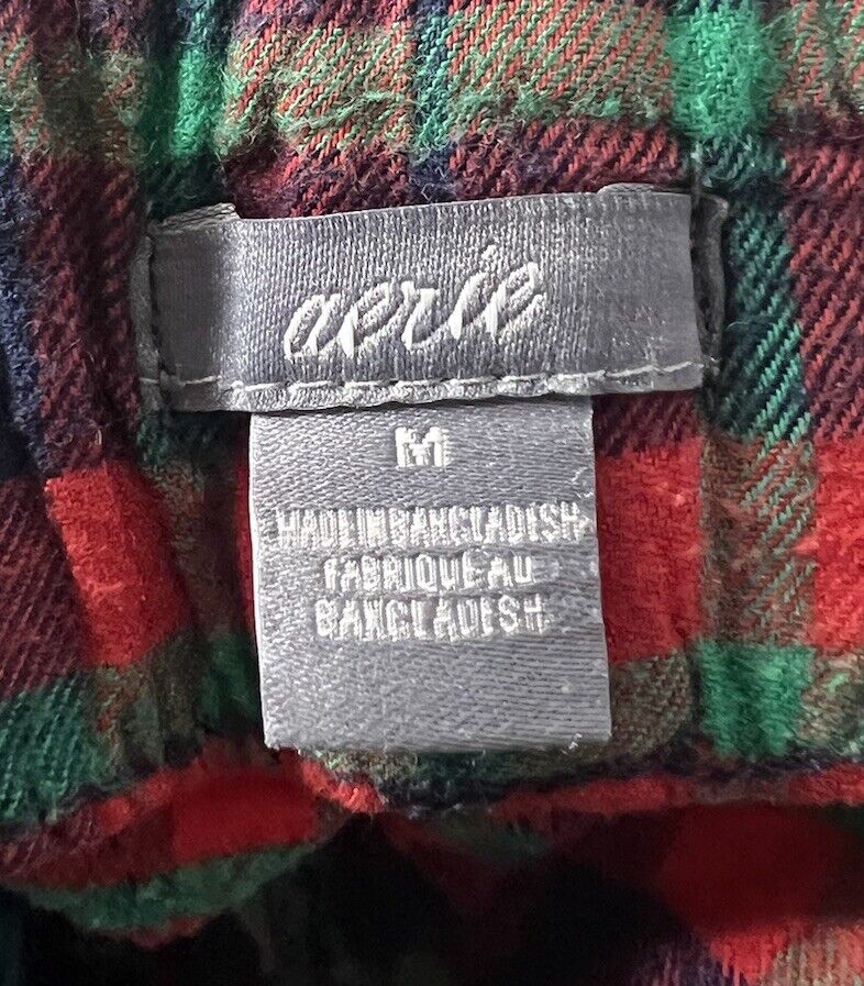 Aerie Pajama Pants Size Medium Green Blue Plaid Drawstring Elastic Waist Pockets
