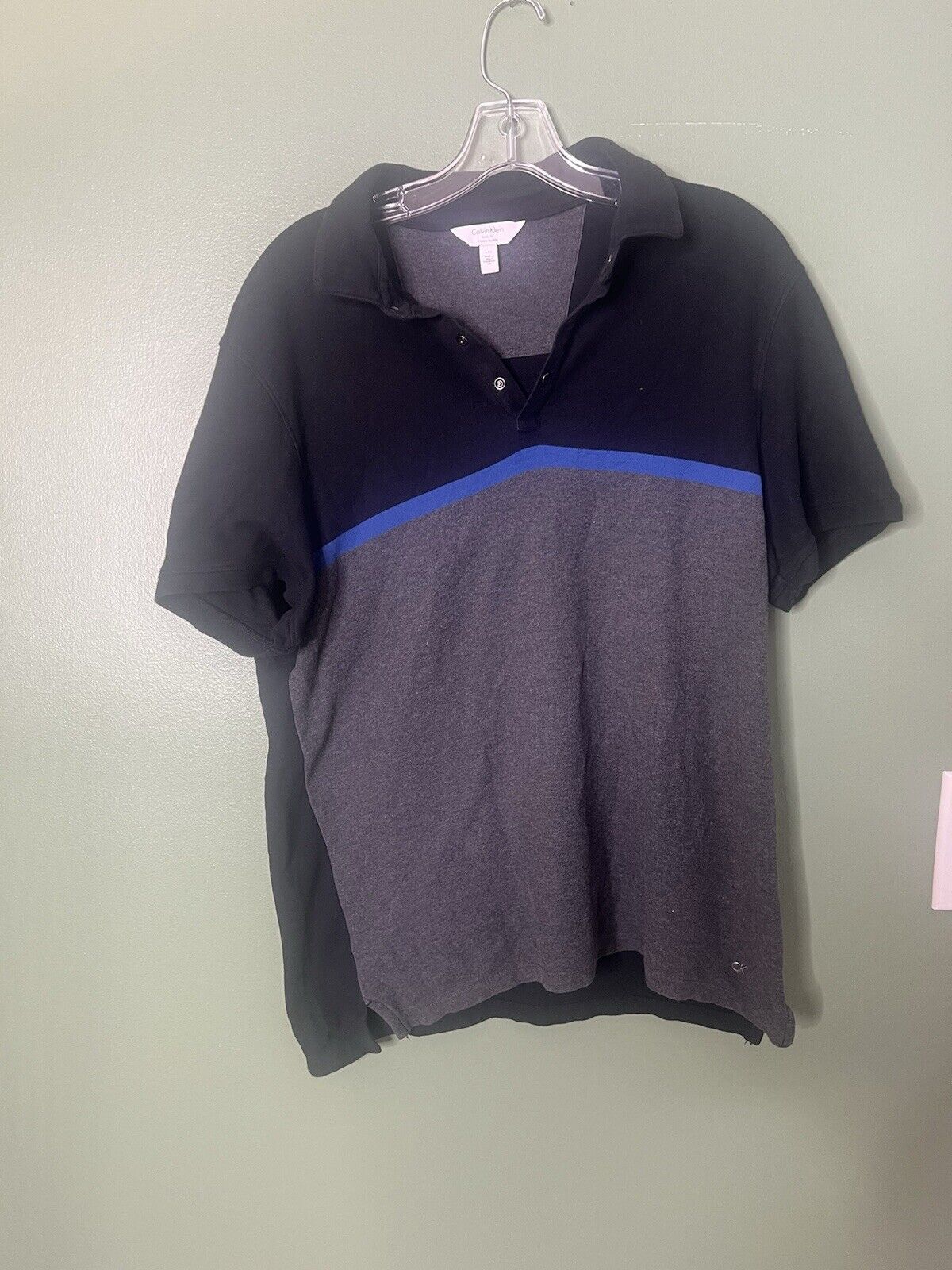 Calvin Klein Polo Shirt Mens Large Blue Collared 1/4 Button Short Sleeve Logo