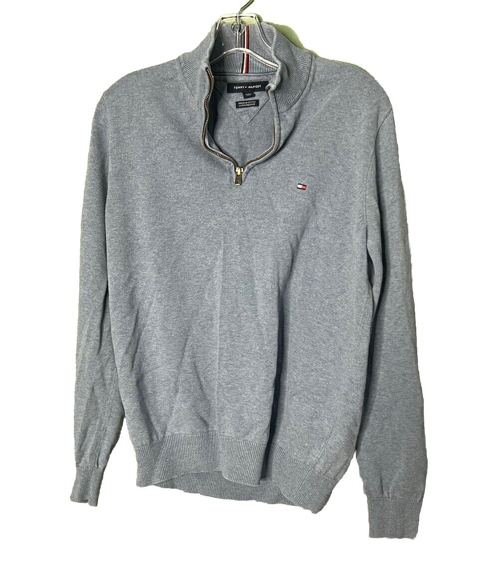 Mens Tommy Hilfiger Mock Neck 1/4 Zip Long Sleeve Gray Mesh Pullover Shirt Med