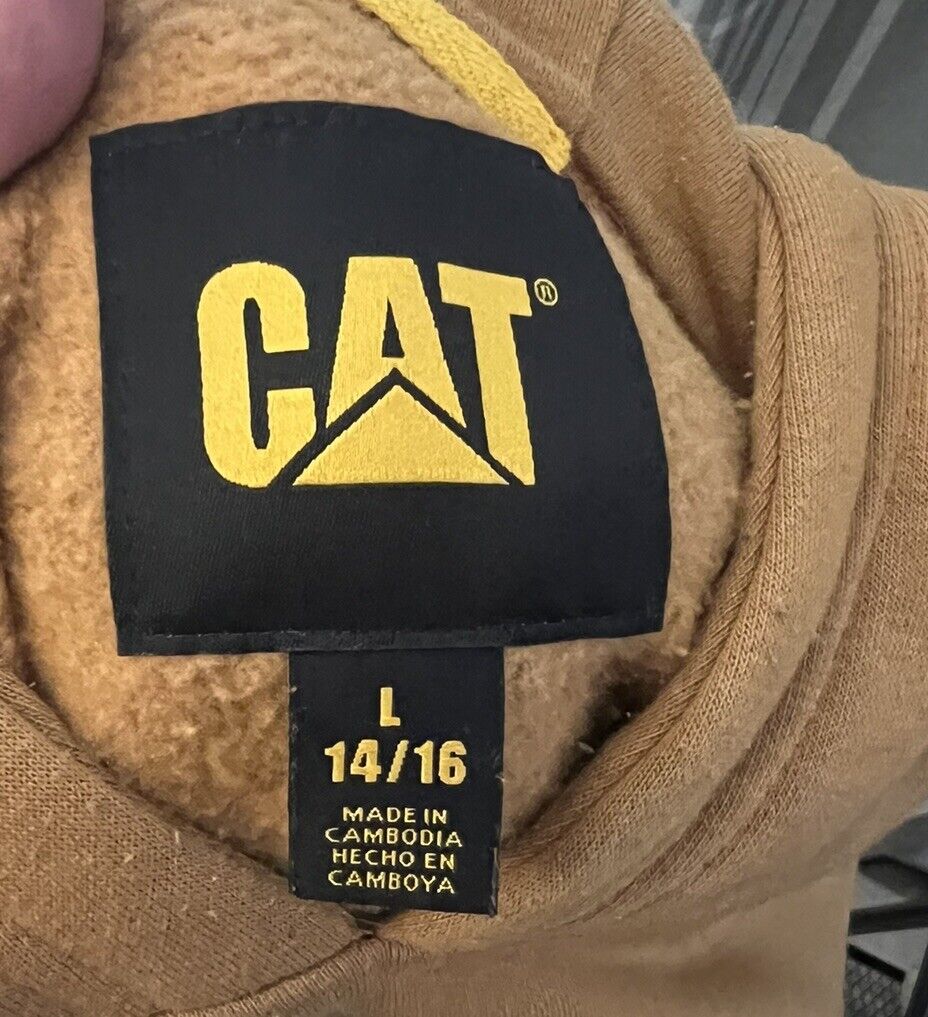 Caterpillar CAT Hoodie Hooded Sweatshirt Caramel Embroidered Youth Size L 14/16