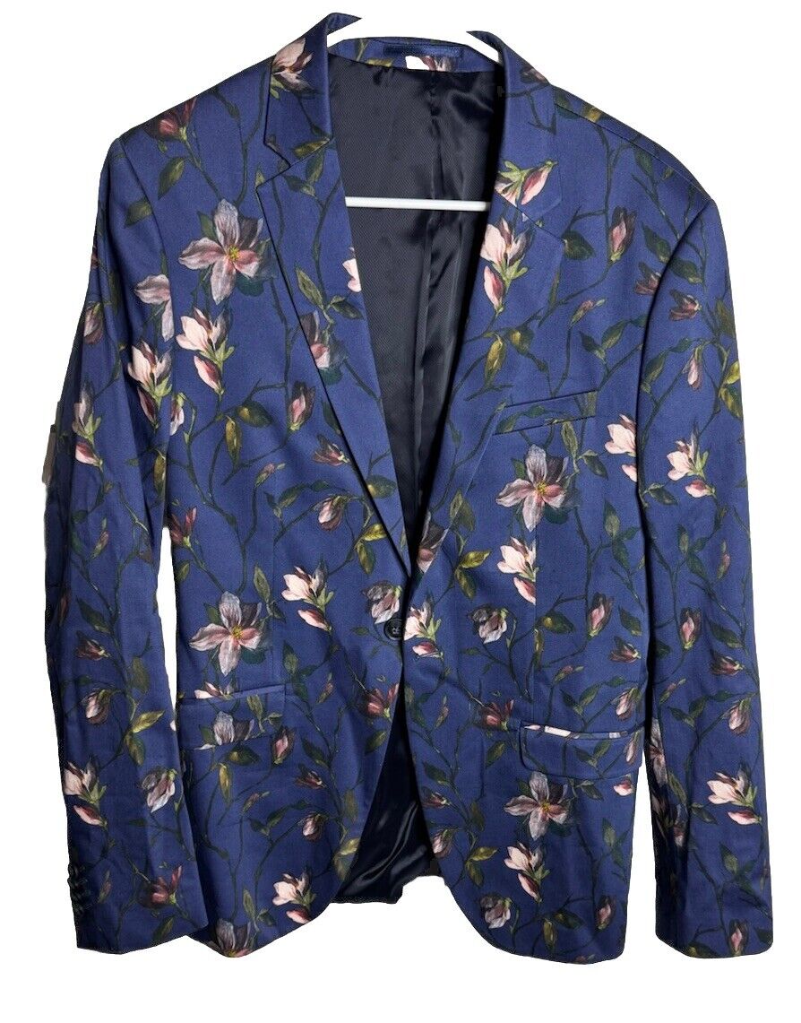Topman Blazer Jacket Men's 38R Sport Coat One Button Blue Plaid Skinny Office