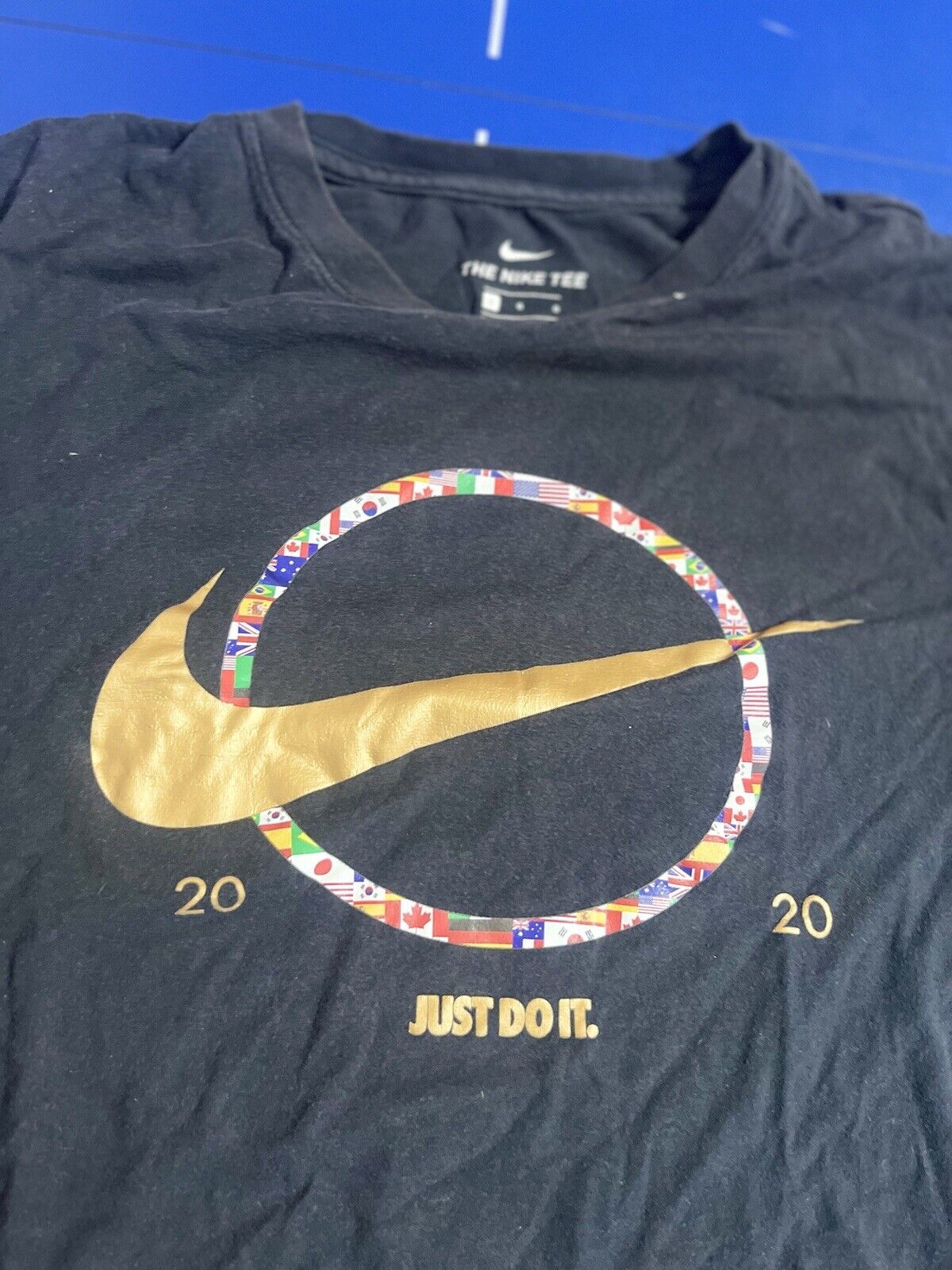 Nike Men's 2020 Olympics World Cup Gold Swoosh T-Shirt Sz L Black Short Sleeve