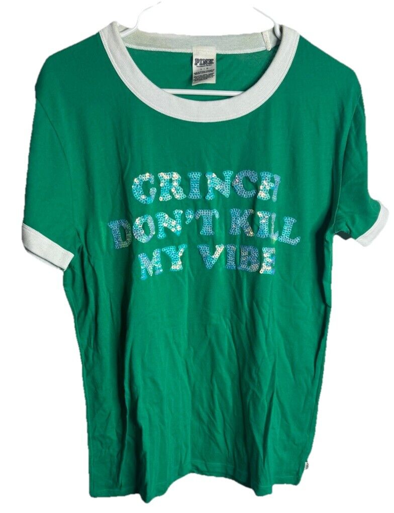 Victoria’s Secret PINK Bling "Grinch Don’t Kill My Vibe" Green Ringer Tee Large