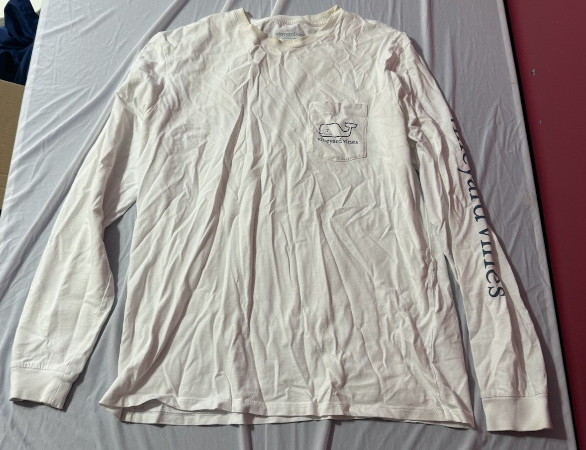 Vineyard Vines Shirt Mens Large White Preppy Whale Logo Long Sleeve Pocket Tee