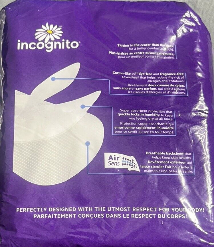 Incognito Maxi Pads With Wings Overnight Fragrance Free 14 Pads New