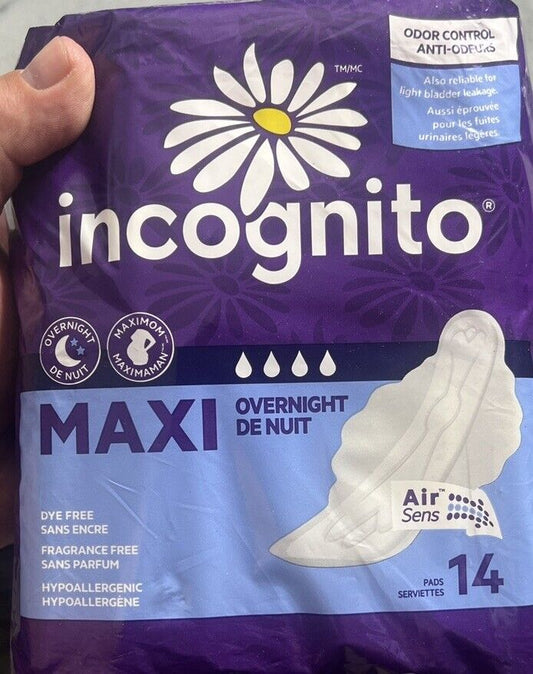 Incognito Maxi Pads With Wings Overnight Fragrance Free 14 Pads New