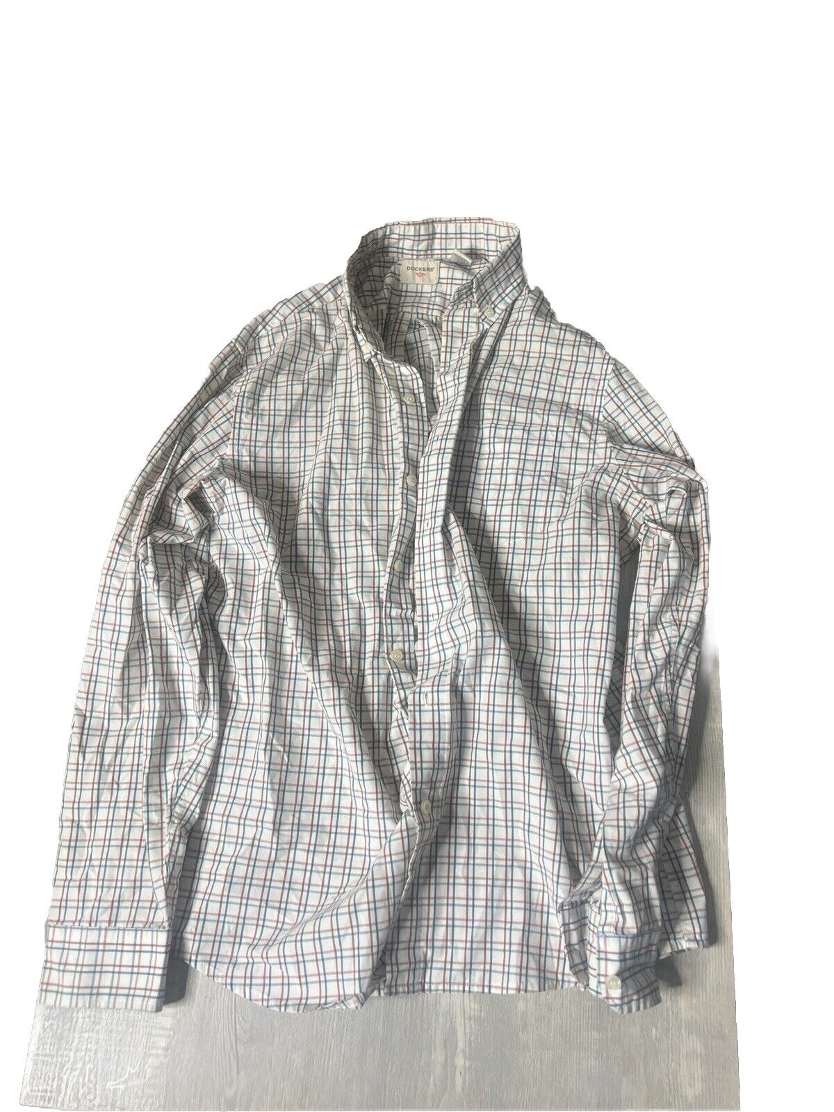 Dockers Medium  Button Up Shirt Plaid White And Blue