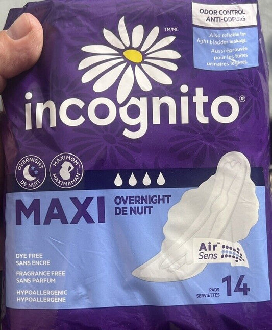 Incognito Maxi Pads With Wings Overnight Fragrance Free 14 Pads New