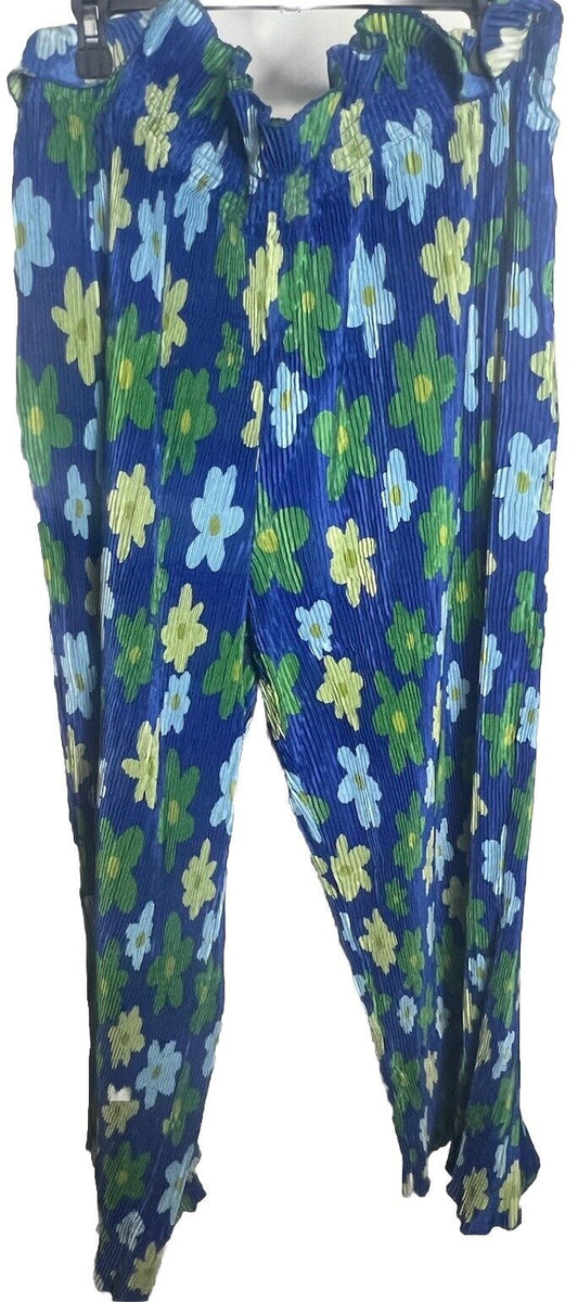 Black History Month Pants Plus Size 1X Wide-Leg Ruffle-Elastic Waist Blue Floral