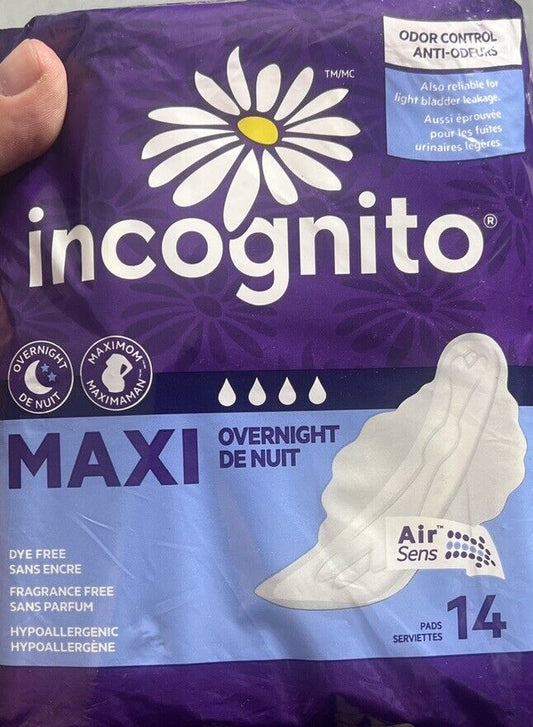 Incognito Maxi Pads With Wings Overnight Fragrance Free 14 Pads New