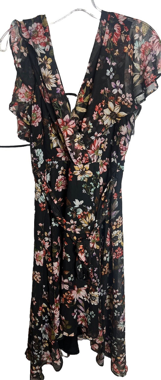 NY Collection Womens Dress Size Large Black Pink Floral Ruffle Tiered Chiffon