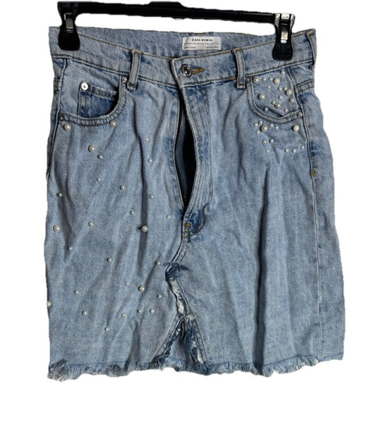 Zara Woman Denim Skirt Women's Size S Blue Frayed Hem Casual