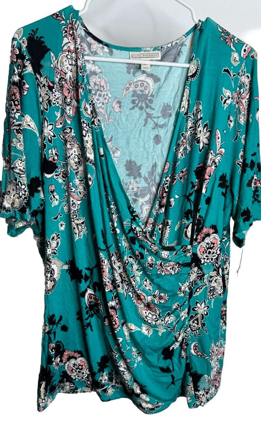 Dana Buchman Blouse Women's 2x Blue Printed Button Popover Career Shirt