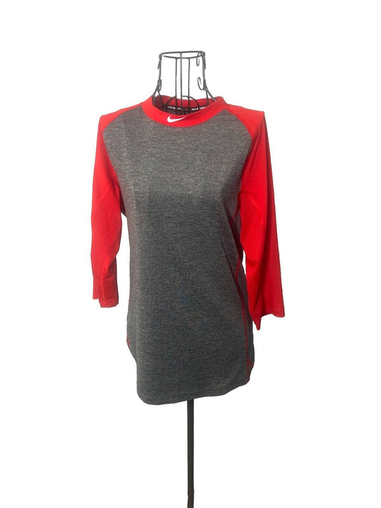 Nike Pro Dri Fit Baseball Shirt Mens Small Red Gray Slim Fit 3/4 Sleeve