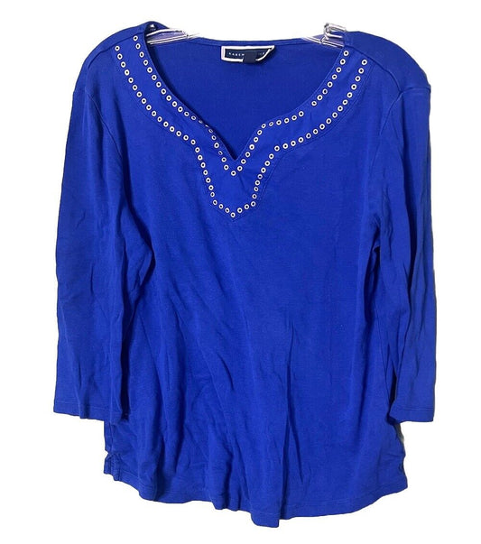 Women's New Karen Scott Short Sleeve Spilt Neck Ultra Blue Top Size Large