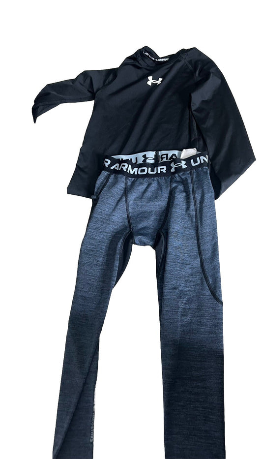 Under Armour Boys Size YSM navy  Compression Pants And YSM Black Shirt