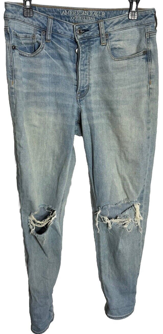 American Eagle Jeans Size 10 Long Womens Blue Mom Jean Stretch Distressed