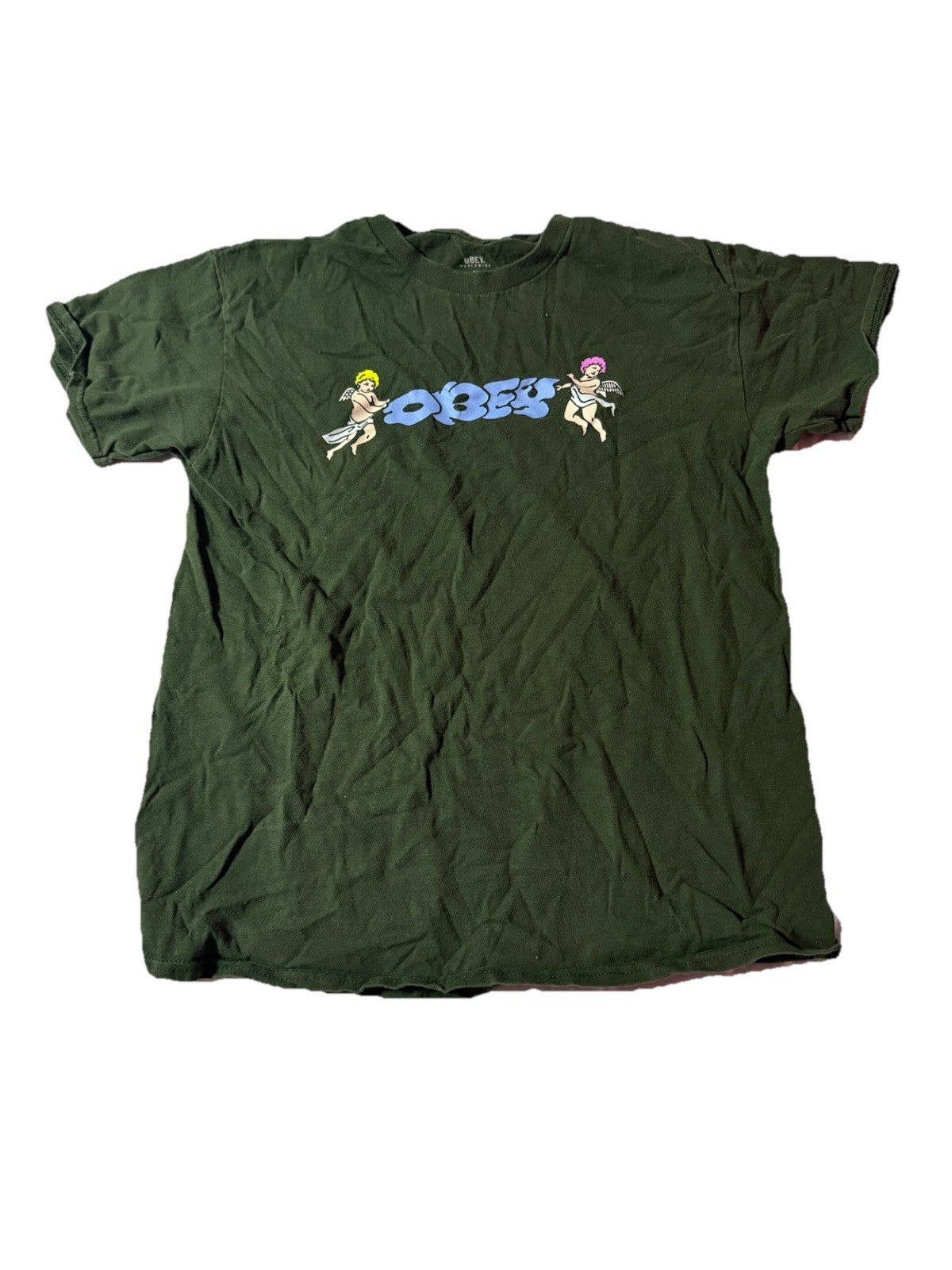 Obey Graphic Tee Y2K Cherub Print Angel Shirt Green Streetwear Size Medium