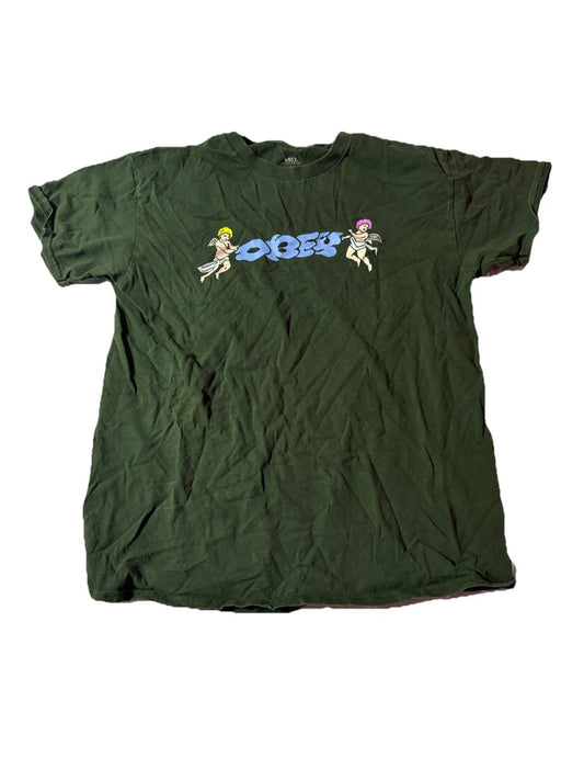 Obey Graphic Tee Y2K Cherub Print Angel Shirt Green Streetwear Size Medium