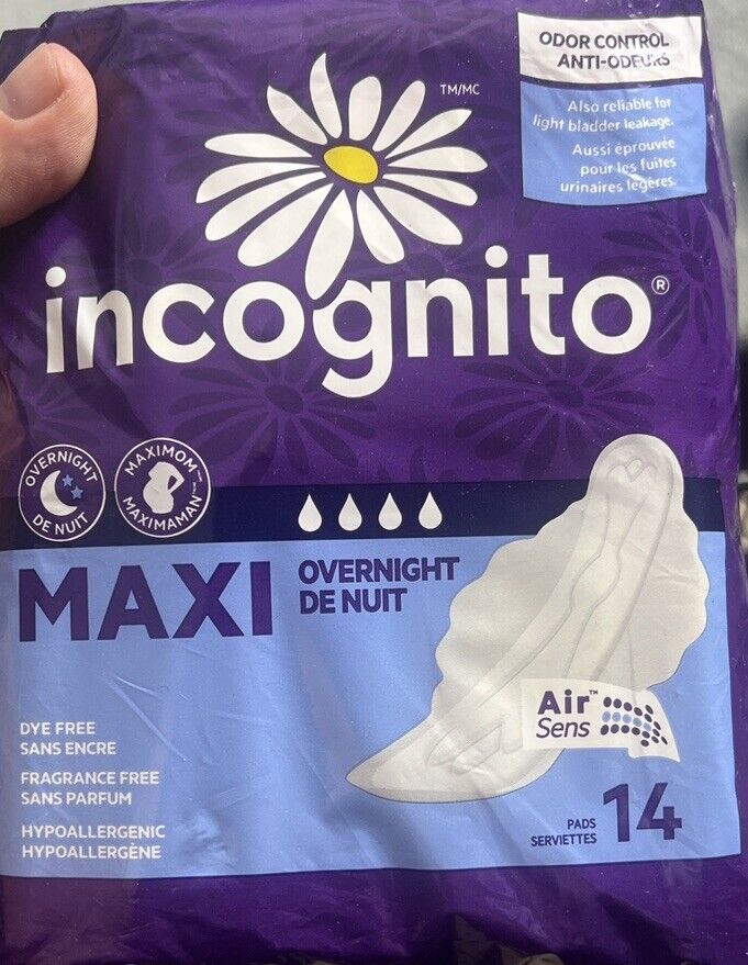 Incognito Maxi Pads With Wings Overnight Fragrance Free 14 Pads New
