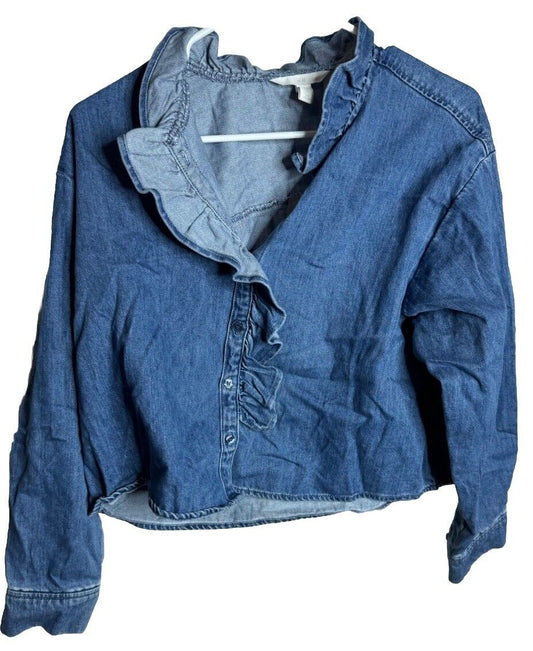 H&M Size Small Denim Ruffle Long Sleeve Button Up Shirt Blouse Comfy