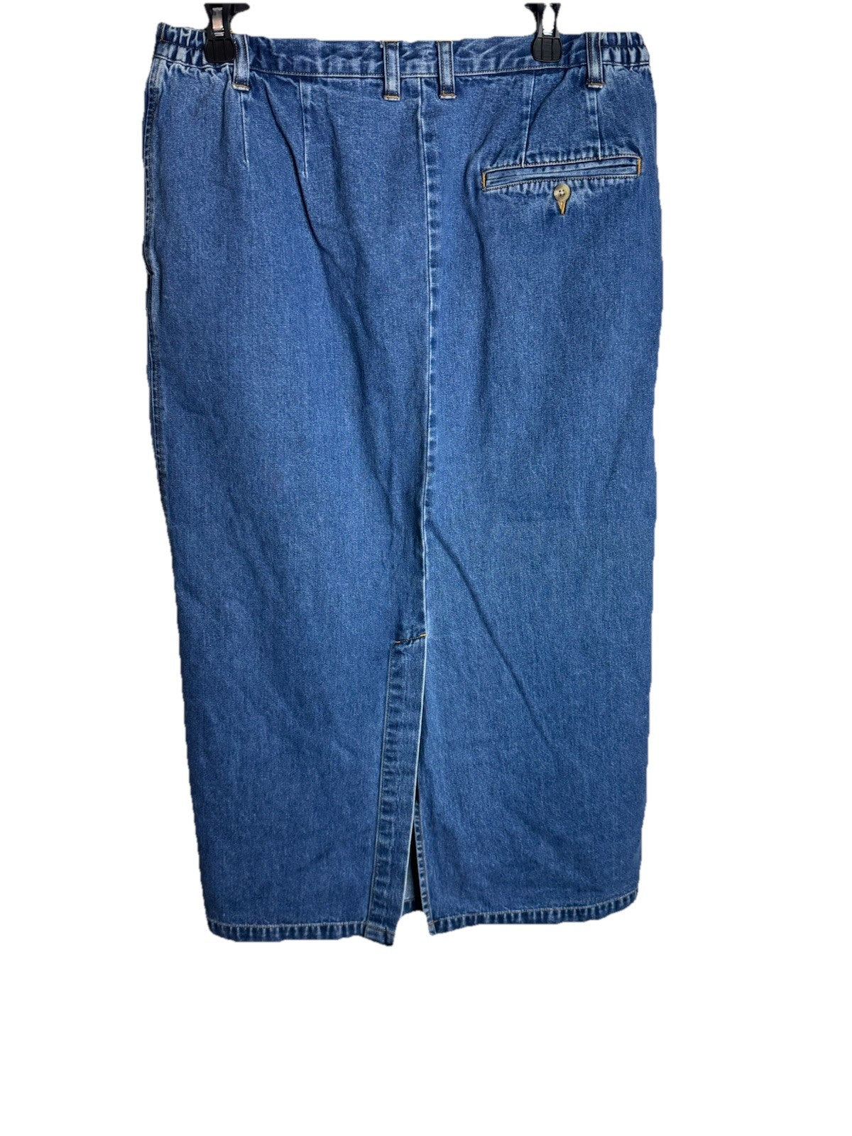 Eddie Bauer Long Denim Jean Skirt Size 14 Blue Stretch Maxi Straight Back Slit