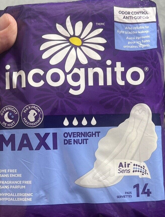 Incognito Maxi Pads With Wings Overnight Fragrance Free 14 Pads New