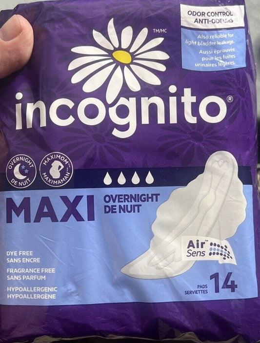 Incognito Maxi Pads With Wings Overnight Fragrance Free 14 Pads New