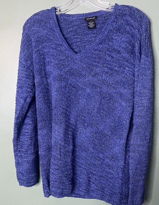 Calvin Klein Womens Blue Cable Knit Pullover Sweater V-Neck Size Medium
