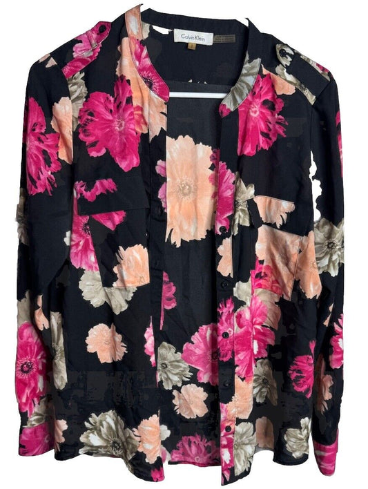 Calvin Klein Women's medium  Black Floral Long Sleeve Button Shirt