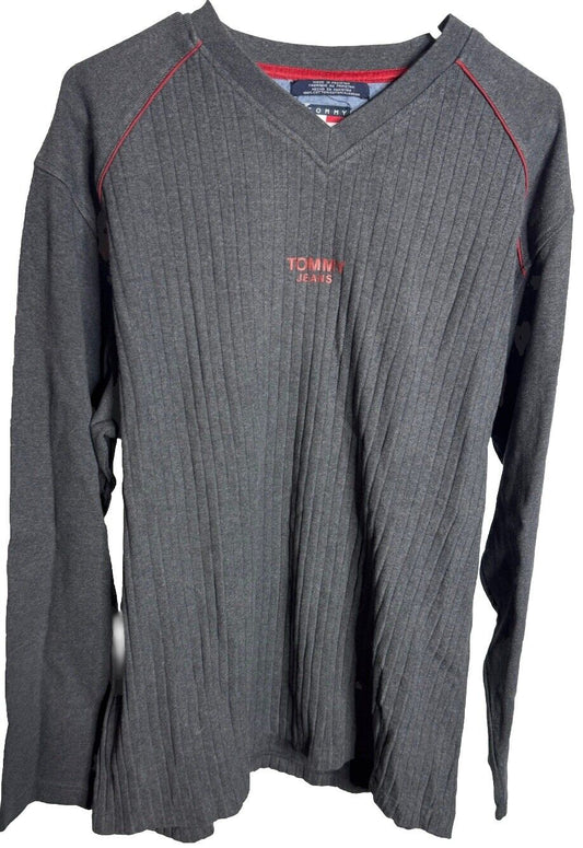 Tommy Jeans Sweatshirt Mens Gray Pullover Logo V Neck Sweatshirt Size Large