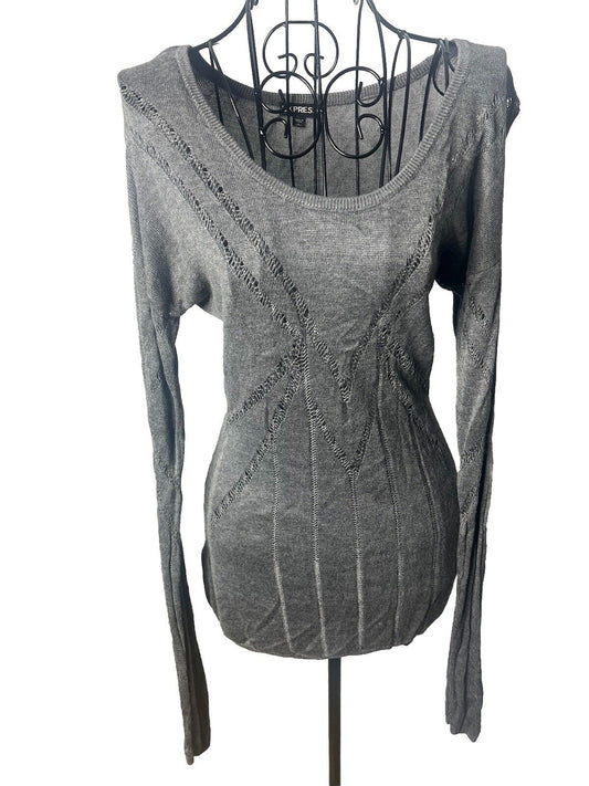 Woman's Express Gray Long Sleeve Top Sheer Sleeves sz S/P