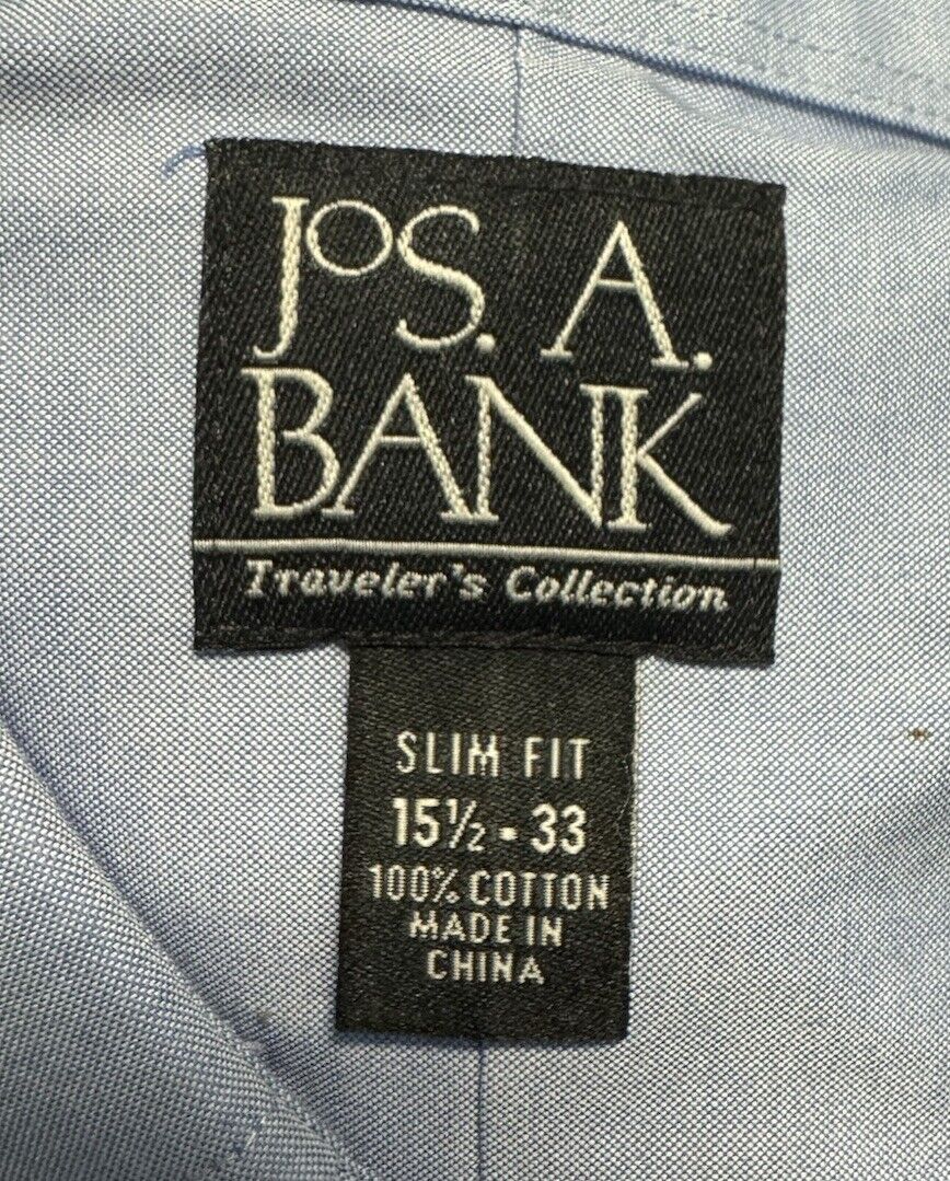 Jos A Bank Traveler Button Up Shirt Mens 15.5 33 Long Sleeve Blue Solid Cotton