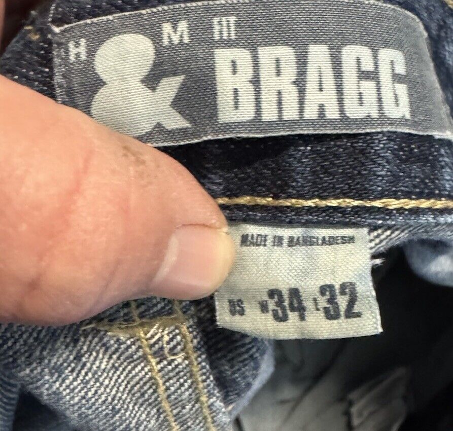 H&M &Bragg Men's Size 34x32 Blue Straight Button Fly Dark 100% Cotton Denim Jean