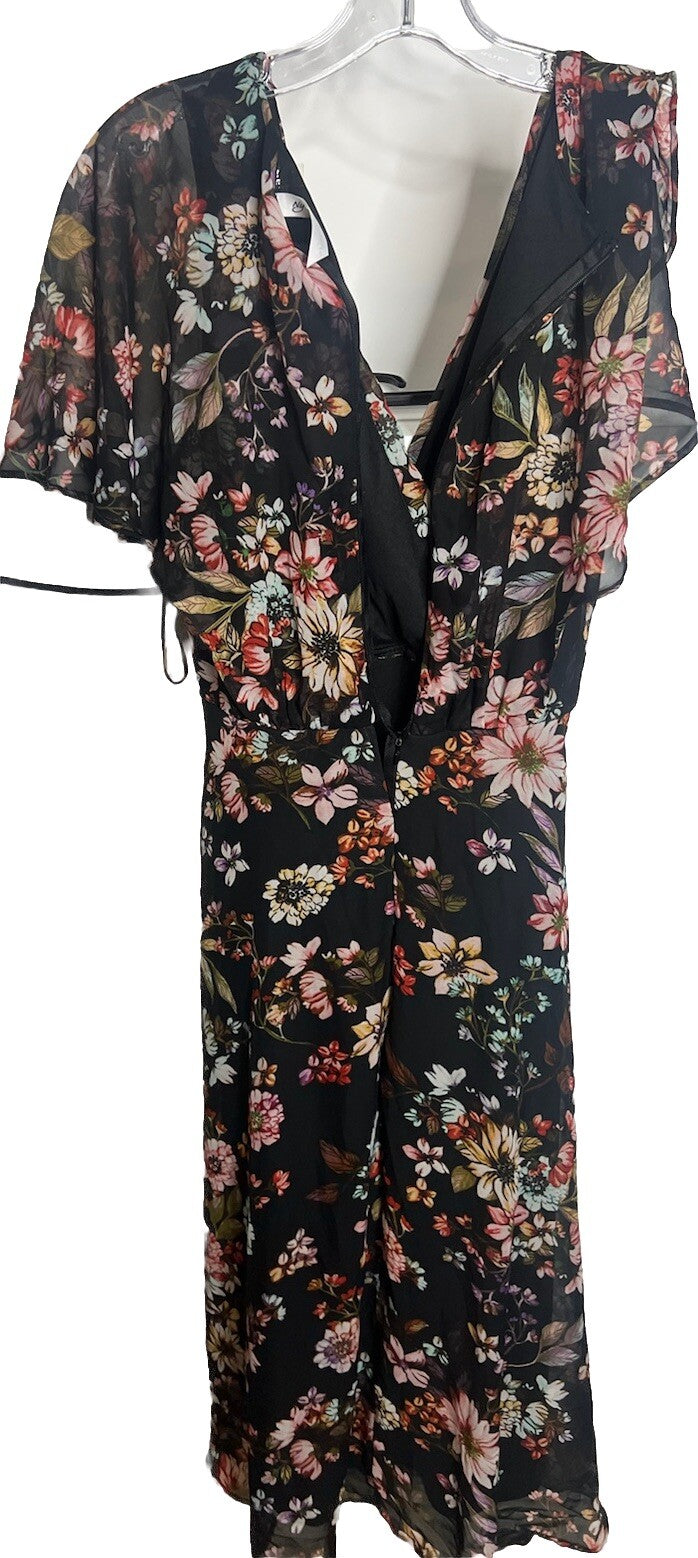 NY Collection Womens Dress Size Large Black Pink Floral Ruffle Tiered Chiffon